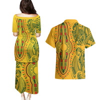 Africa Dashiki Couples Matching Puletasi Dress and Hawaiian Shirt African Tribal Art Mixed Polynesian Tattoo Gold Color Unique LT9 - Wonder Print Shop