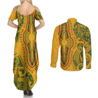 Africa Dashiki Couples Matching Summer Maxi Dress and Long Sleeve Button Shirts African Tribal Art Mixed Polynesian Tattoo Gold Color Unique LT9 - Wonder Print Shop
