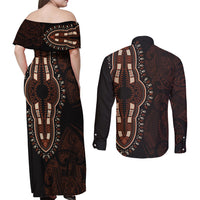 Africa Dashiki Couples Matching Off Shoulder Maxi Dress and Long Sleeve Button Shirts African Tribal Art Mixed Polynesian Tattoo Red Color Unique LT9 - Wonder Print Shop