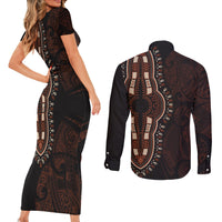 Africa Dashiki Couples Matching Short Sleeve Bodycon Dress and Long Sleeve Button Shirts African Tribal Art Mixed Polynesian Tattoo Red Color Unique LT9 - Wonder Print Shop