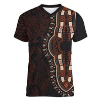Africa Dashiki Women V Neck T Shirt African Tribal Art Mixed Polynesian Tattoo Red Color Unique - Wonder Print Shop