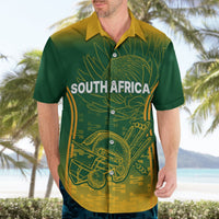 Green Hawaiian shirt with SOUTH AFRICA logo, archer graphic, and button front