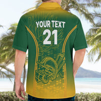 Back view: green Hawaiian shirt with YOUR TEXT 21, archer graphic, open collar