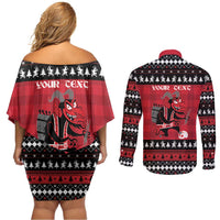Merry Krampusnacht Personalized Couples Matching Off Shoulder Short Dress and Long Sleeve Button Shirt Austrian Bavaria Alpine Christmas Demons - Wonder Print Shop