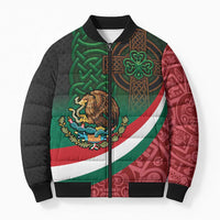 Mexico and Ireland Together Bomber Puffer Jacket Aztec Sun Mix Celtic Shamrock - Wonder Print Shop