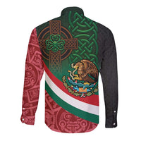 Mexico and Ireland Together Long Sleeve Button Shirt Aztec Sun Mix Celtic Shamrock - Wonder Print Shop