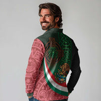 Mexico and Ireland Together Long Sleeve Polo Shirt Aztec Sun Mix Celtic Shamrock - Wonder Print Shop
