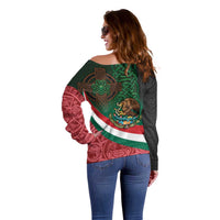 Mexico and Ireland Together Off Shoulder Sweater Aztec Sun Mix Celtic Shamrock - Wonder Print Shop