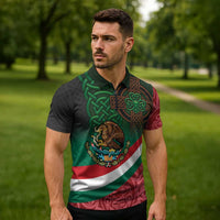 Mexico and Ireland Together Zipper Polo Shirt Aztec Sun Mix Celtic Shamrock - Wonder Print Shop