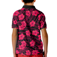Kids pink hibiscus polo shirt back view, black tribal pattern and floral print