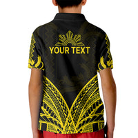 Kid black polo shirt with yellow barong-style back print and large 'YOUR TEXT'