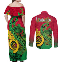 Vanuatu Islands Couples Matching Off Shoulder Maxi Dress and Long Sleeve Button Shirts Polynesian Tattoo and Sea Turtle LT9 - Wonder Print Shop