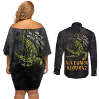 Alligator Alcatraz Est 2025 Couples Matching Off Shoulder Short Dress and Long Sleeve Button Shirt Vintage Retro - Wonder Print Shop