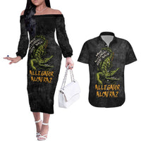 Alligator Alcatraz Est 2025 Couples Matching Off The Shoulder Long Sleeve Dress and Hawaiian Shirt Vintage Retro - Wonder Print Shop
