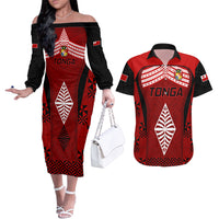 Tonga Rugby Couples Matching Off The Shoulder Long Sleeve Dress and Hawaiian Shirt Go Champions World Cup 2023 Ngatu Unique LT9 - Wonder Print Shop