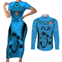 Fiji Rugby Couples Matching Short Sleeve Bodycon Dress and Long Sleeve Button Shirts Go Champions World Cup 2023 Tapa Unique Blue Vibe LT9 - Wonder Print Shop