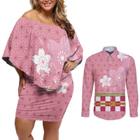 Japanese Asanoha Pattern Couples Matching Off Shoulder Short Dress and Long Sleeve Button Shirt Charm Against Evil Spirits - Wonder Print Shop