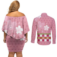 Japanese Asanoha Pattern Couples Matching Off Shoulder Short Dress and Long Sleeve Button Shirt Charm Against Evil Spirits - Wonder Print Shop