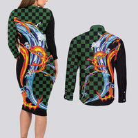 Japanese Asanoha Pattern Couples Matching Long Sleeve Bodycon Dress and Long Sleeve Button Shirt Sun Flame Slayer Dragon Hinokami Kagura Spirit - Wonder Print Shop