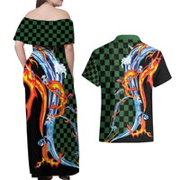 Japanese Asanoha Pattern Couples Matching Off Shoulder Maxi Dress and Hawaiian Shirt Sun Flame Slayer Dragon Hinokami Kagura Spirit - Wonder Print Shop