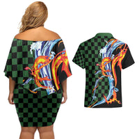 Japanese Asanoha Pattern Couples Matching Off Shoulder Short Dress and Hawaiian Shirt Sun Flame Slayer Dragon Hinokami Kagura Spirit - Wonder Print Shop