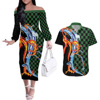 Japanese Asanoha Pattern Couples Matching Off The Shoulder Long Sleeve Dress and Hawaiian Shirt Sun Flame Slayer Dragon Hinokami Kagura Spirit - Wonder Print Shop