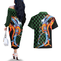 Japanese Asanoha Pattern Couples Matching Off The Shoulder Long Sleeve Dress and Hawaiian Shirt Sun Flame Slayer Dragon Hinokami Kagura Spirit - Wonder Print Shop
