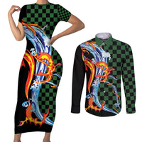Japanese Asanoha Pattern Couples Matching Short Sleeve Bodycon Dress and Long Sleeve Button Shirt Sun Flame Slayer Dragon Hinokami Kagura Spirit - Wonder Print Shop