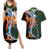 Japanese Asanoha Pattern Couples Matching Summer Maxi Dress and Hawaiian Shirt Sun Flame Slayer Dragon Hinokami Kagura Spirit - Wonder Print Shop