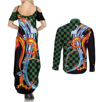 Japanese Asanoha Pattern Couples Matching Summer Maxi Dress and Long Sleeve Button Shirt Sun Flame Slayer Dragon Hinokami Kagura Spirit - Wonder Print Shop