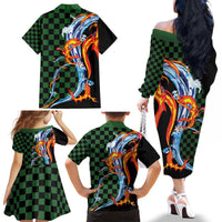 Japanese Asanoha Pattern Family Matching Off The Shoulder Long Sleeve Dress and Hawaiian Shirt Sun Flame Slayer Dragon Hinokami Kagura Spirit - Wonder Print Shop
