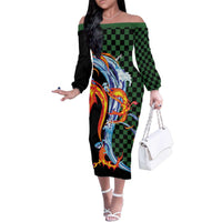 Japanese Asanoha Pattern Family Matching Off The Shoulder Long Sleeve Dress and Hawaiian Shirt Sun Flame Slayer Dragon Hinokami Kagura Spirit - Wonder Print Shop