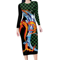 Japanese Asanoha Pattern Long Sleeve Bodycon Dress Sun Flame Slayer Dragon Hinokami Kagura Spirit - Wonder Print Shop