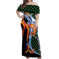 Japanese Asanoha Pattern Off Shoulder Maxi Dress Sun Flame Slayer Dragon Hinokami Kagura Spirit - Wonder Print Shop