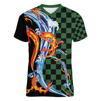 Japanese Asanoha Pattern Women V-Neck T-Shirt Sun Flame Slayer Dragon Hinokami Kagura Spirit - Wonder Print Shop