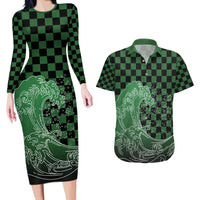 Japanese Asanoha Pattern Couples Matching Long Sleeve Bodycon Dress and Hawaiian Shirt Water Breathing Slayer Dragon - Wonder Print Shop