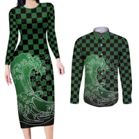 Japanese Asanoha Pattern Couples Matching Long Sleeve Bodycon Dress and Long Sleeve Button Shirt Water Breathing Slayer Dragon - Wonder Print Shop