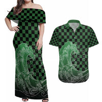 Japanese Asanoha Pattern Couples Matching Off Shoulder Maxi Dress and Hawaiian Shirt Water Breathing Slayer Dragon - Wonder Print Shop