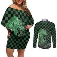 Japanese Asanoha Pattern Couples Matching Off Shoulder Short Dress and Long Sleeve Button Shirt Water Breathing Slayer Dragon - Wonder Print Shop