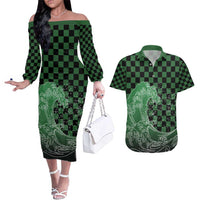 Japanese Asanoha Pattern Couples Matching Off The Shoulder Long Sleeve Dress and Hawaiian Shirt Water Breathing Slayer Dragon - Wonder Print Shop