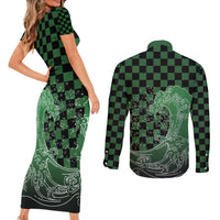 Japanese Asanoha Pattern Couples Matching Short Sleeve Bodycon Dress and Long Sleeve Button Shirt Water Breathing Slayer Dragon - Wonder Print Shop