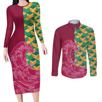 Japanese Bishamon-Kikkou Pattern Couples Matching Long Sleeve Bodycon Dress and Long Sleeve Button Shirt Water Pillar Silent River Flow - Wonder Print Shop