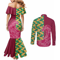 Japanese Bishamon-Kikkou Pattern Couples Matching Mermaid Dress and Long Sleeve Button Shirt Water Pillar Silent River Flow - Wonder Print Shop