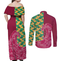 Japanese Bishamon-Kikkou Pattern Couples Matching Off Shoulder Maxi Dress and Long Sleeve Button Shirt Water Pillar Silent River Flow - Wonder Print Shop