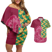 Japanese Bishamon-Kikkou Pattern Couples Matching Off Shoulder Short Dress and Hawaiian Shirt Water Pillar Silent River Flow - Wonder Print Shop