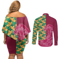 Japanese Bishamon-Kikkou Pattern Couples Matching Off Shoulder Short Dress and Long Sleeve Button Shirt Water Pillar Silent River Flow - Wonder Print Shop