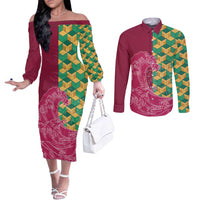 Japanese Bishamon-Kikkou Pattern Couples Matching Off The Shoulder Long Sleeve Dress and Long Sleeve Button Shirt Water Pillar Silent River Flow - Wonder Print Shop