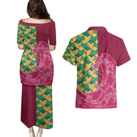 Japanese Bishamon-Kikkou Pattern Couples Matching Puletasi and Hawaiian Shirt Water Pillar Silent River Flow - Wonder Print Shop