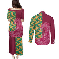 Japanese Bishamon-Kikkou Pattern Couples Matching Puletasi and Long Sleeve Button Shirt Water Pillar Silent River Flow - Wonder Print Shop