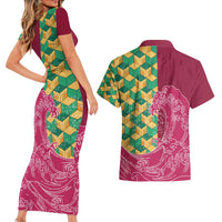 Japanese Bishamon-Kikkou Pattern Couples Matching Short Sleeve Bodycon Dress and Hawaiian Shirt Water Pillar Silent River Flow - Wonder Print Shop